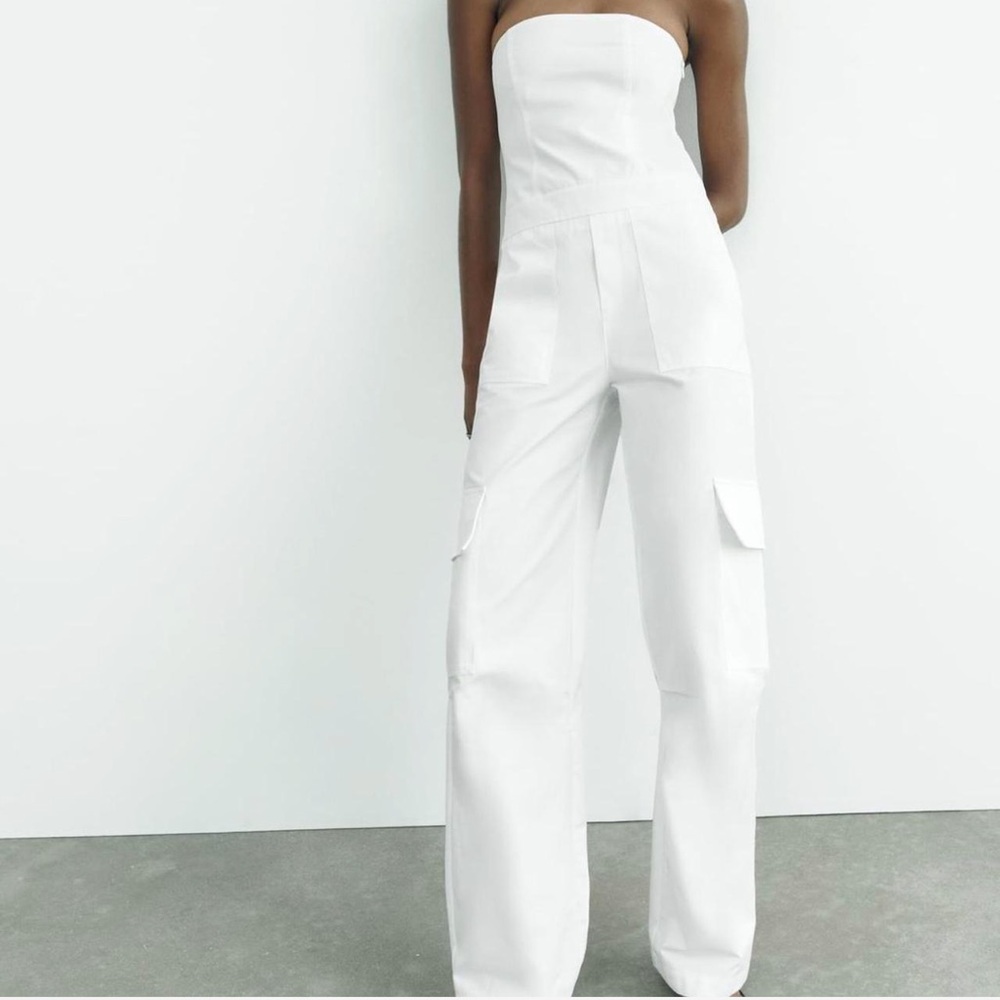 Zara White Strapless Cargo Jumpsuit Size S